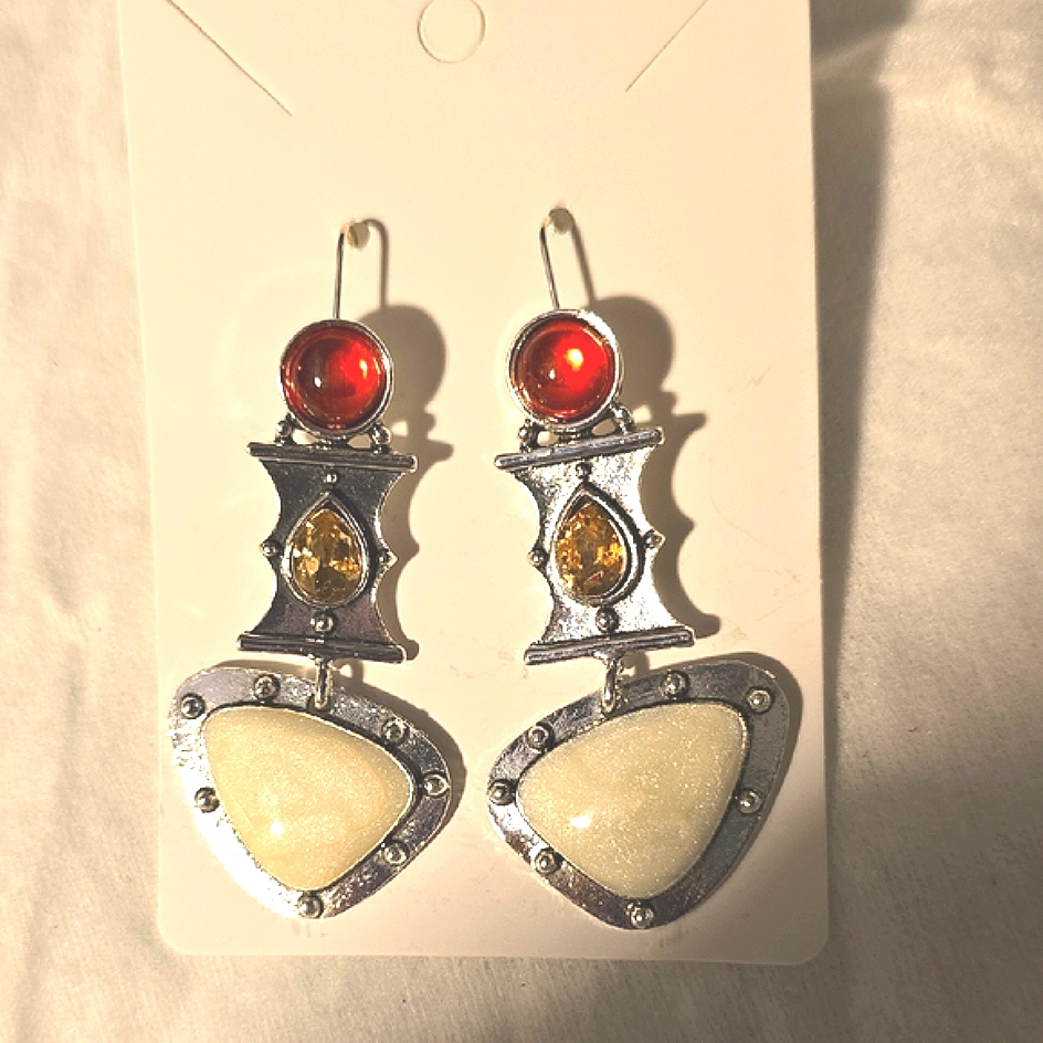 Chic Silver Earrings With Red And Cream Accents 6$